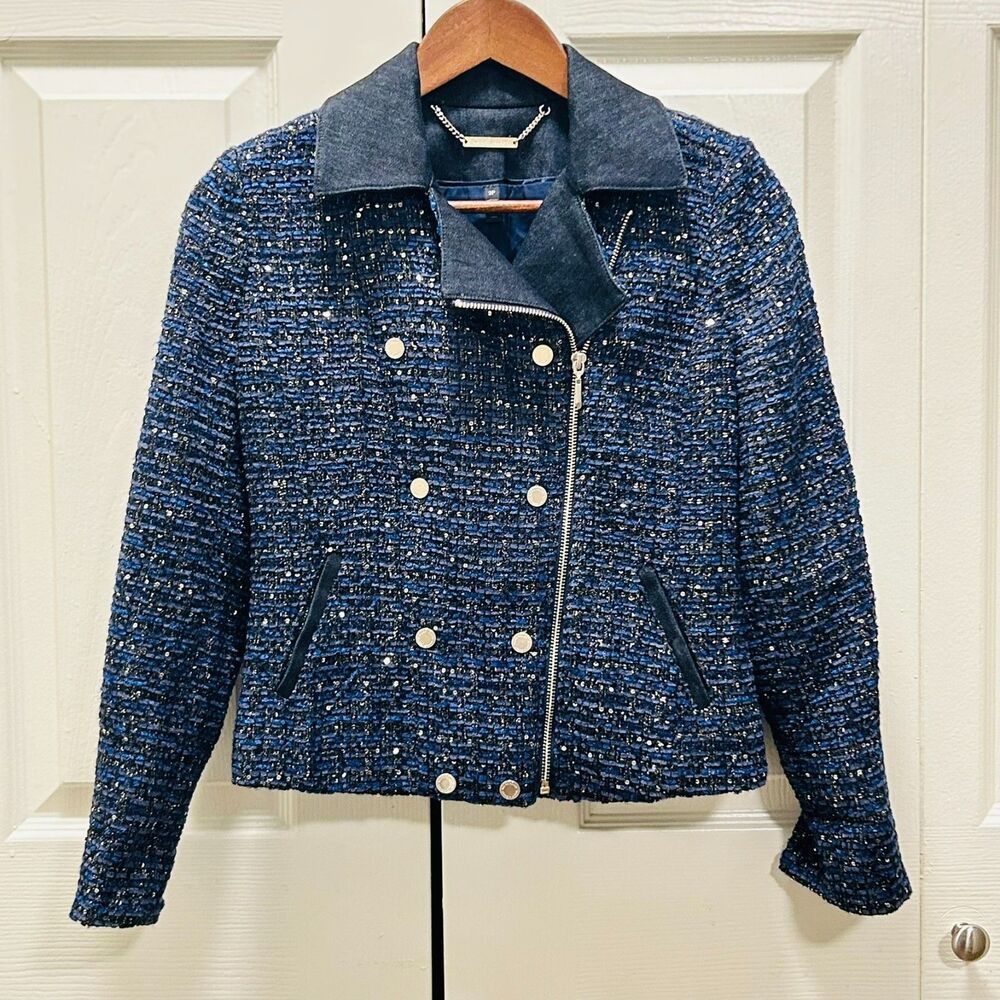 White House Black Market Blue Tweed Sequin Moto Jacket 2P